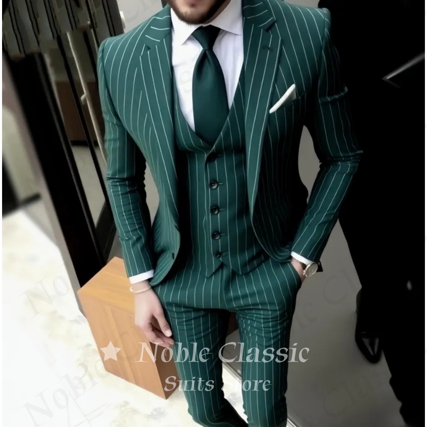 Men Formal Wear Wedding Guest - بدلة رجالية خضراء مخططة بقصة ضيقة