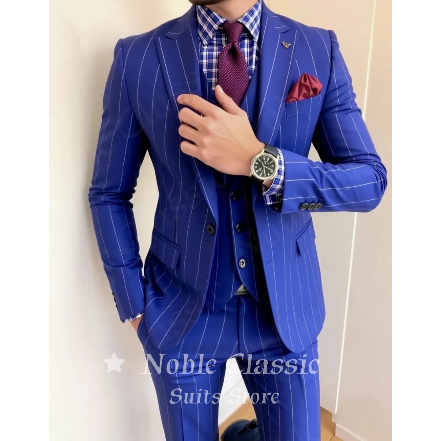 Men Formal Wear Wedding Guest - بدلة رجالية زرقاء مخططة من 3