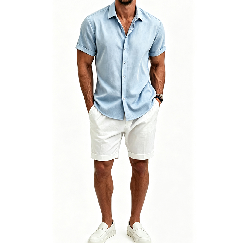 Men'S Formal Beach Wear - طقم قميص رجالي من القطن والكتان،
