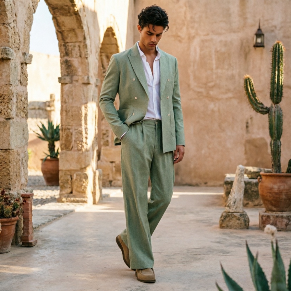 Men Formal Wear Wedding Guest - بدلة رجالية من الكتان بلون أخضر