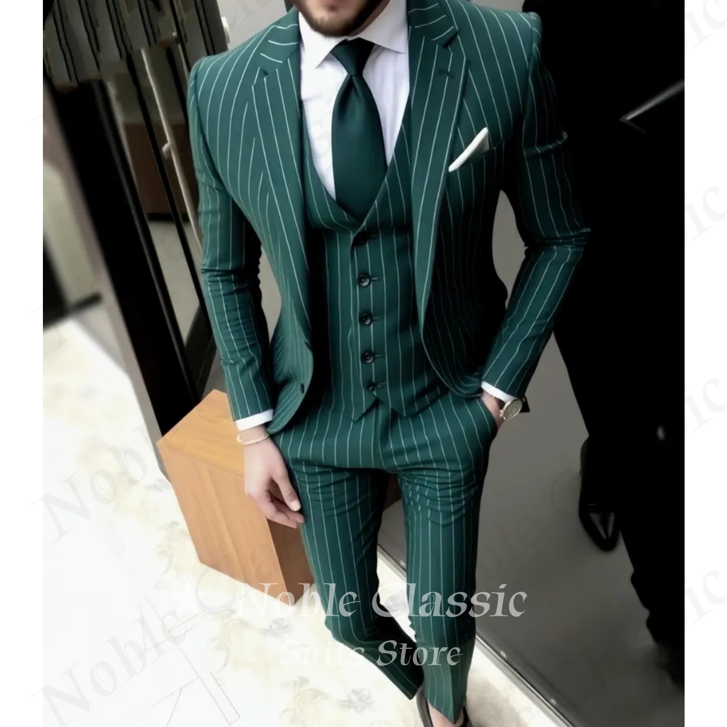 بدلة رجالية خضراء مخططة بقصة ض - مراجعة Men Formal Wear Wedding Guest وسعره