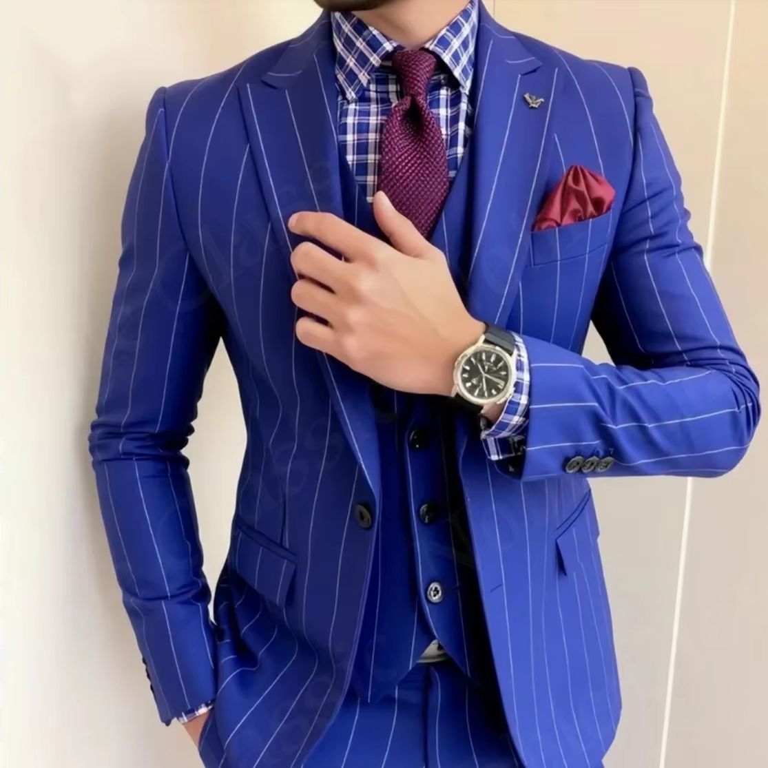 بدلة رجالية زرقاء مخططة من 3 ق - مراجعة Men Formal Wear Wedding Guest وسعره