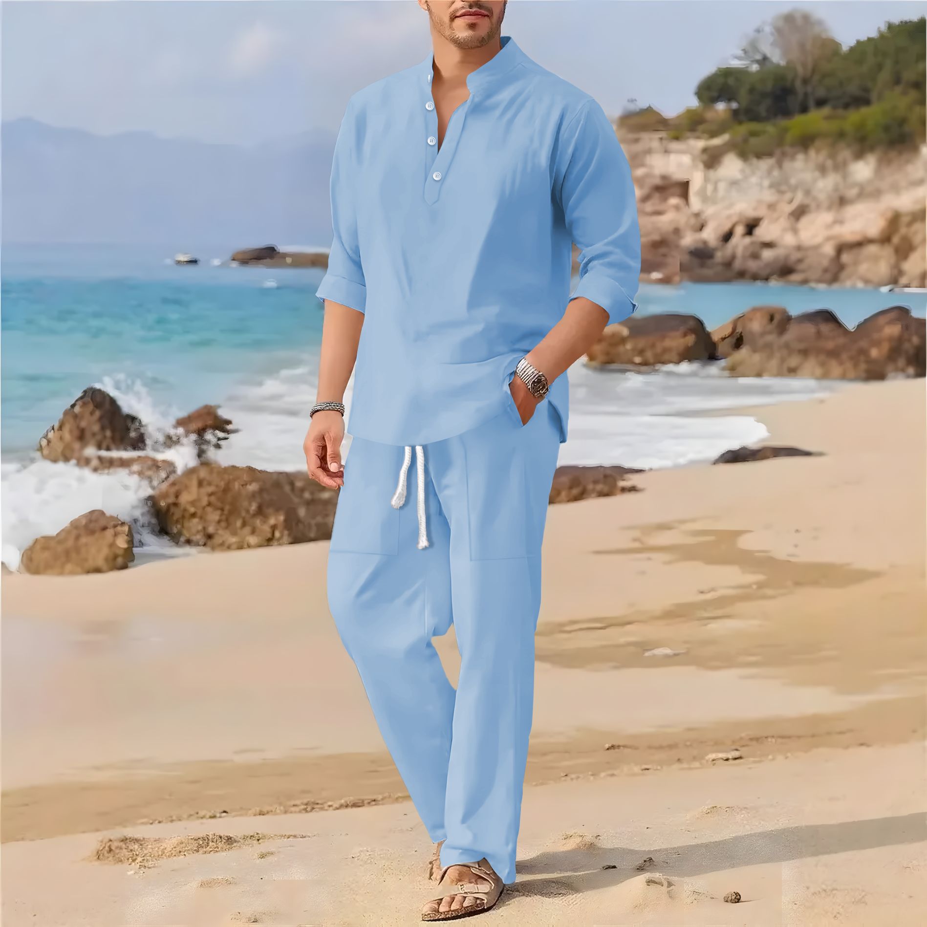 بدلة كاجوال بأكمام طويلة وياقة - مراجعة Men'S Formal Beach Wear وسعره