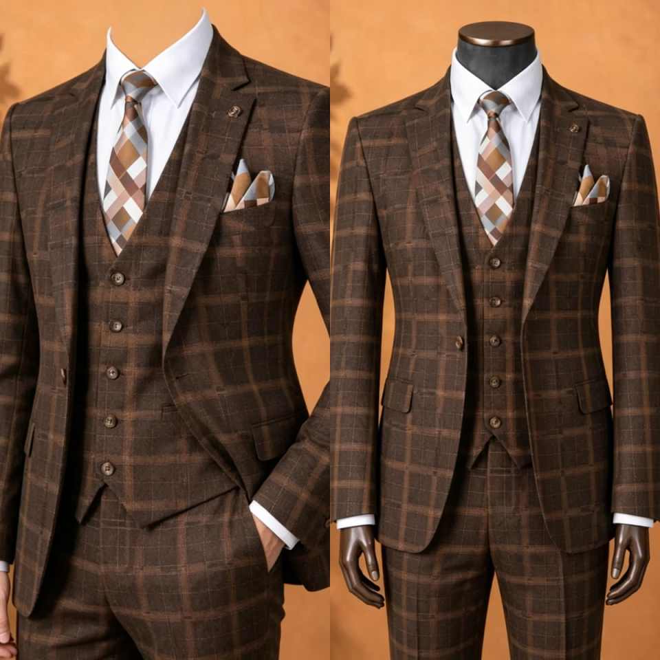 بدلة رجالية أنيقة بنمط مربعات  - مراجعة Men Formal Wear Brown وسعره